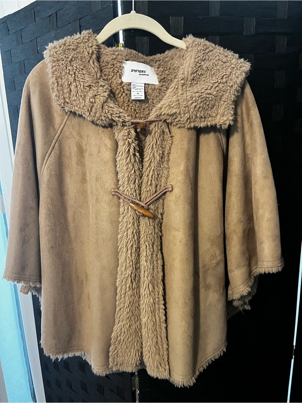 Faux Shearling Toggle Cape Jacket in Camel - Picture 3 of 6